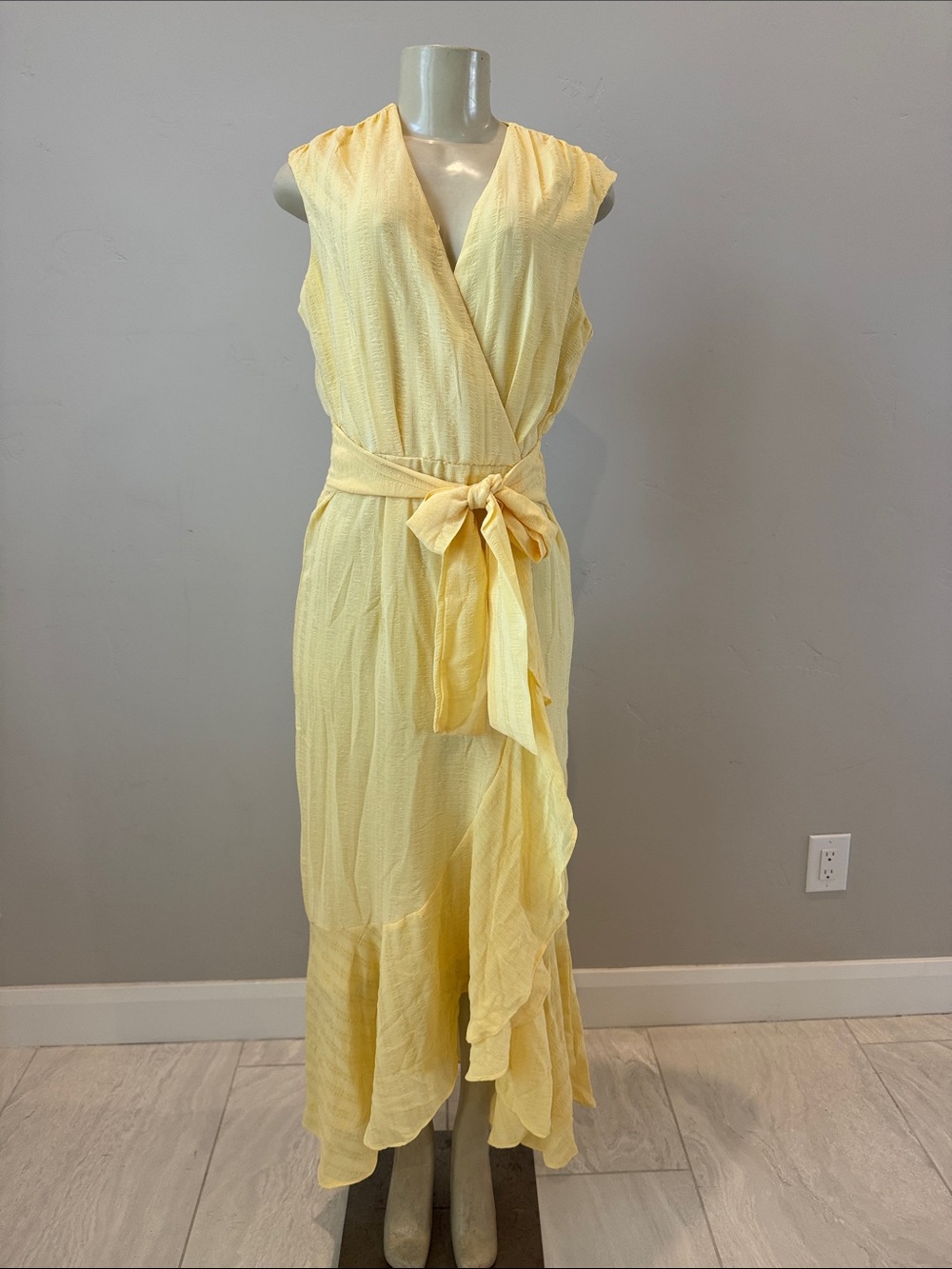 Maison Tara Pale Yellow Wrap Maxi Dress with Waist Tie